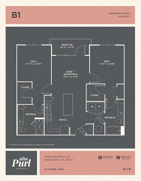 Floor plan for 2 beds, 2 baths, 1056 sqft